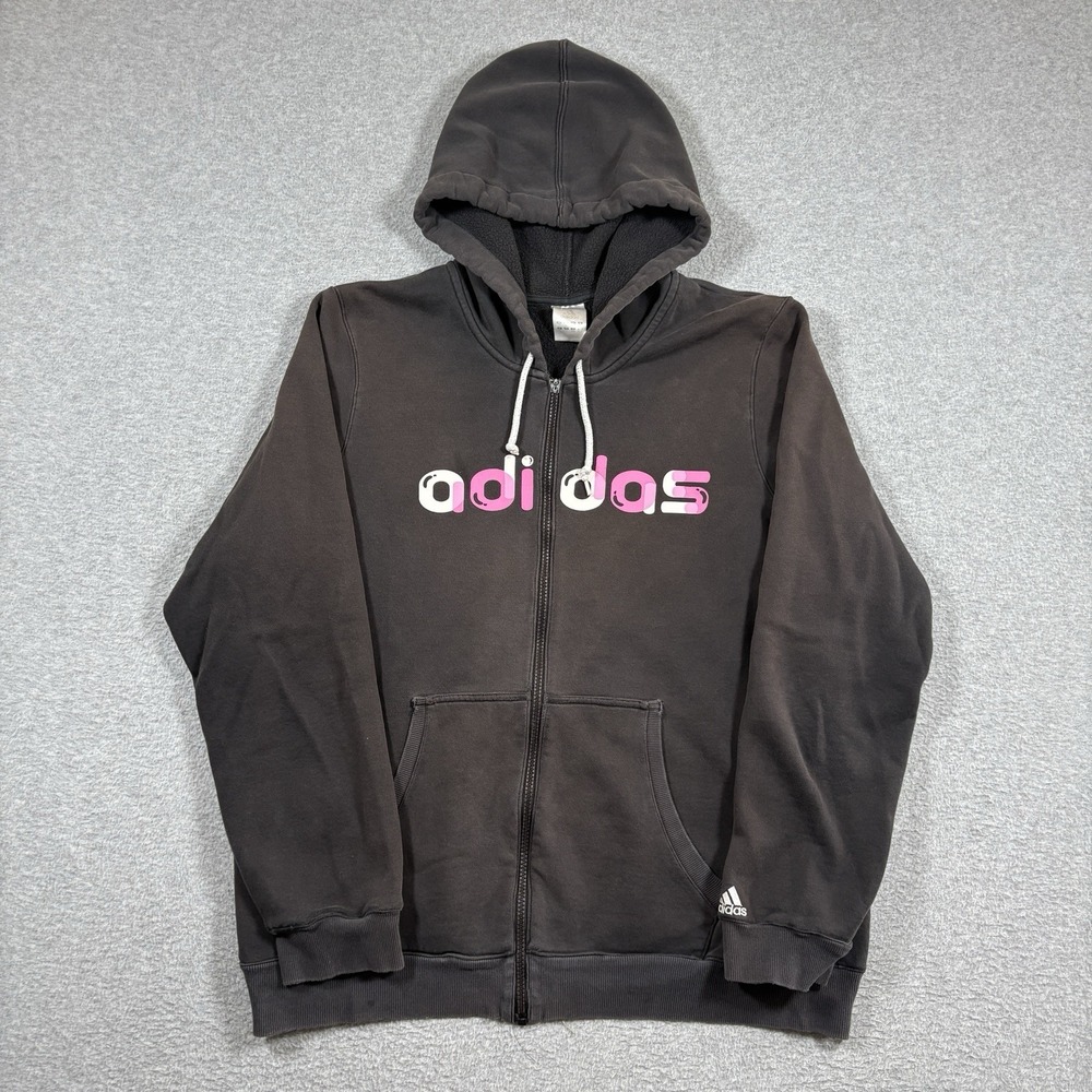 Adidas Spellout Zip Hoodie Womens XL Pink Bubble Graphic Sweatshirt Y2K Faded
